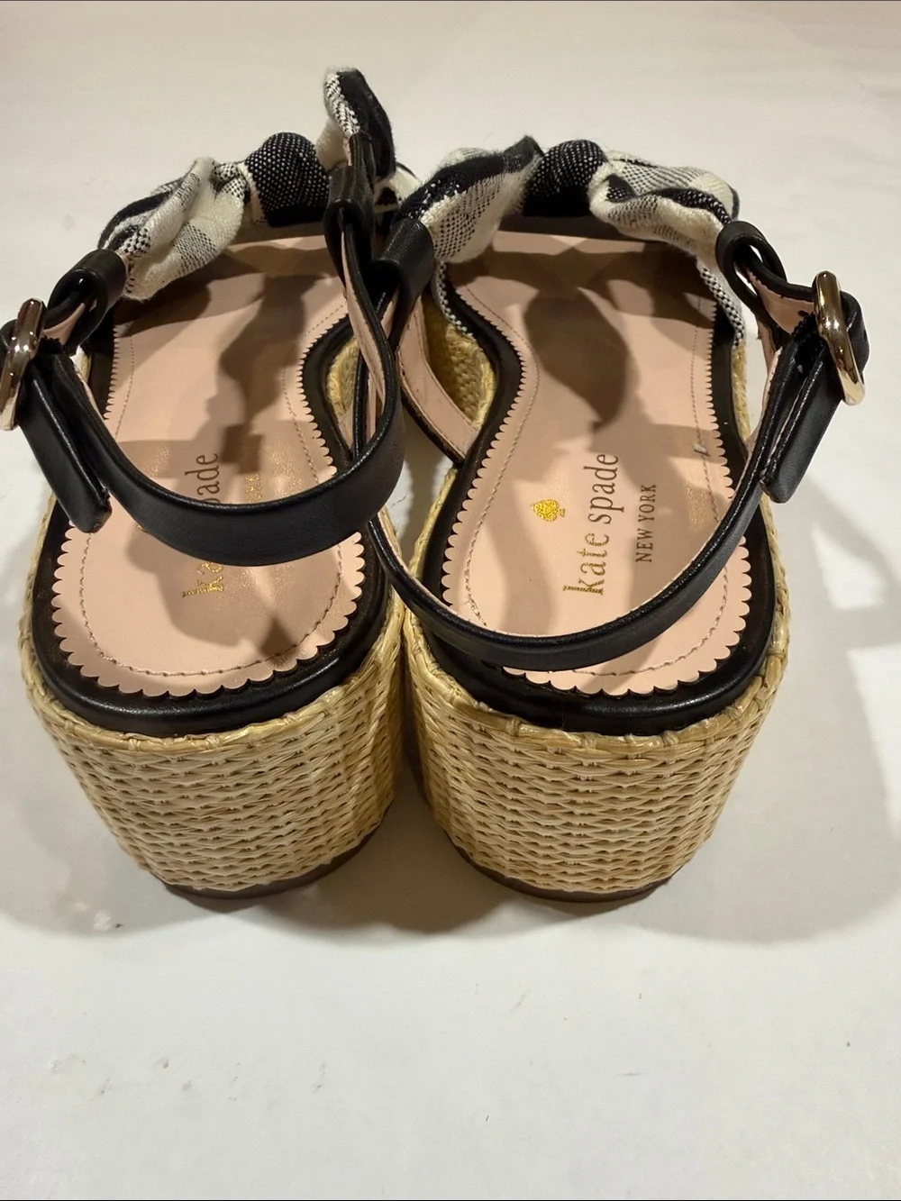 kate spade Betsy Black Crm Gingham Plaid Knot Espadrille Flatform Sandal NWT 11